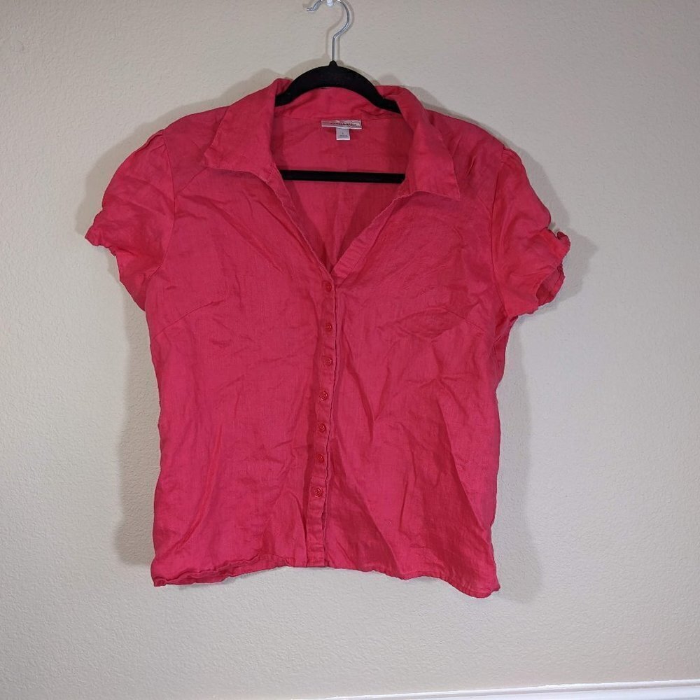 Pink Cap Sleeve Button Down Linen Blouse Top